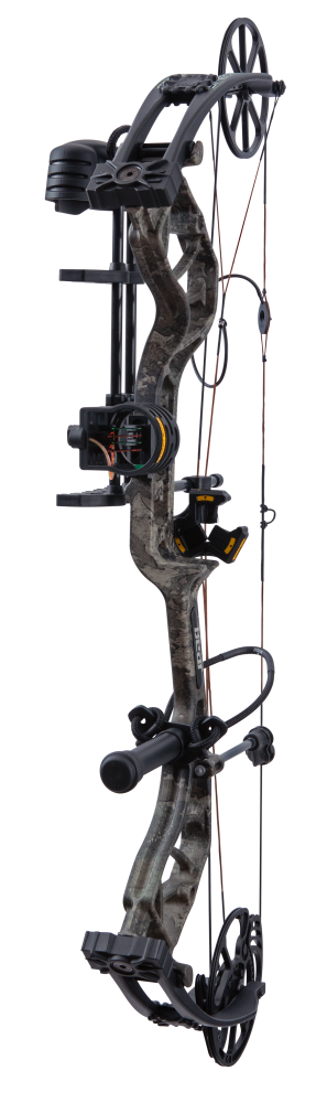 The Bear Species XT single cam compound bow includes IMS® V-Biscuit rest, Picatinny-mounted 4 pin sight, 5 arrow quiver, stabilizer, peep sight, and wrist sling.