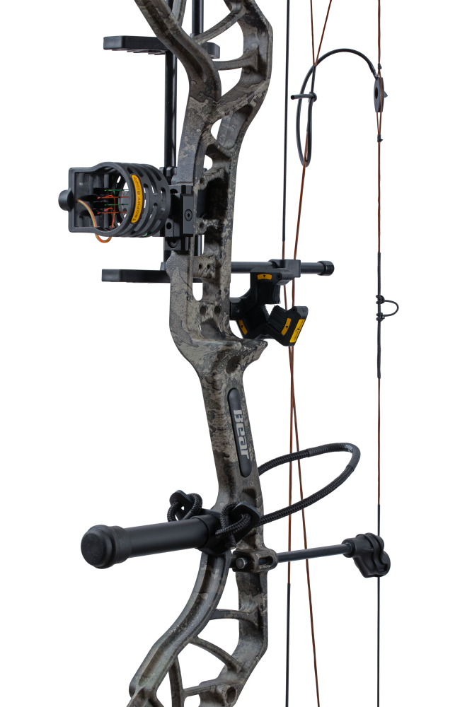 Close up of the Bear Species XT RTH riser in True Timber Strata and Trophy Ridge ready-to-hunt accessories.