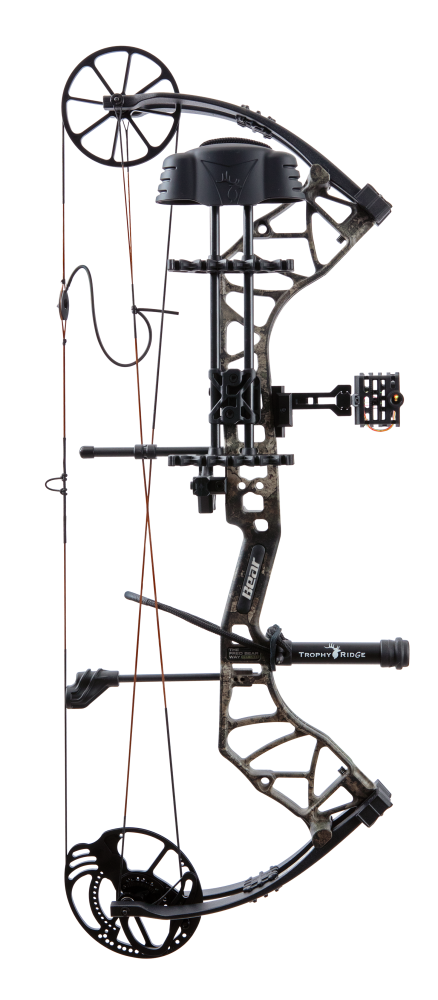 Side view of Bear Species XT single cam bow equipped with top-of-the-line Ready-to-Hunt package from Trophy Ridge.