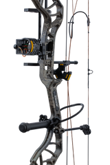 Close up of the Bear Species XT RTH riser in True Timber Strata and Trophy Ridge ready-to-hunt accessories.