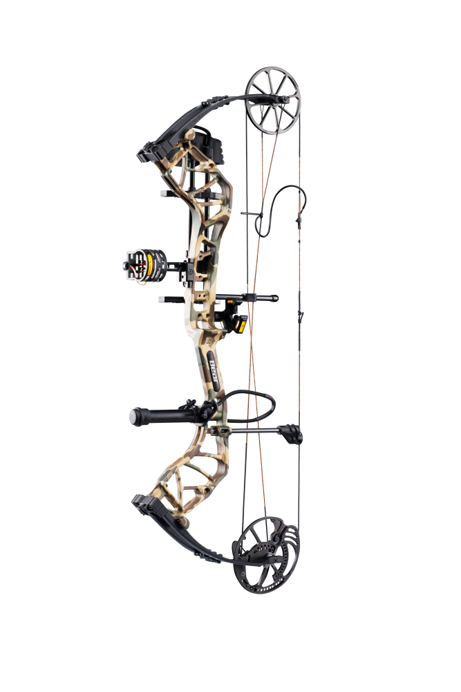 Side view of the Bear Species XT RTH single cam compound bow in color Fred Bear highlighting its single cam drawing system.