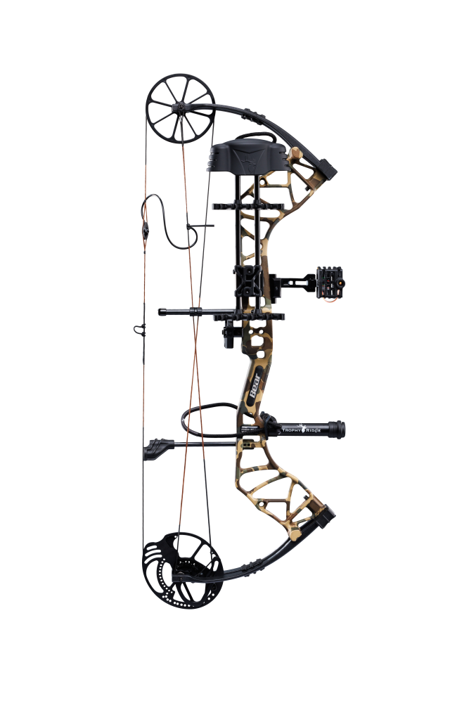 Side view of Bear Species XT single cam bow equipped with top-of-the-line Ready-to-Hunt package from Trophy Ridge.