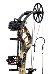 Close up of the single cam system, compound bow limbs, and picatinny sight mounting location on the Bear Species XT RTH.