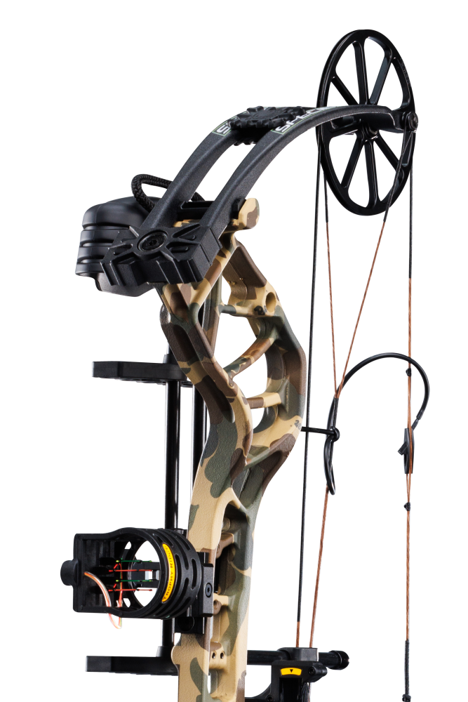 Close up of the single cam system, compound bow limbs, and picatinny sight mounting location on the Bear Species XT RTH.