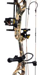 Close up of the Bear Species XT RTH riser in Fred Bear Camo and Trophy Ridge ready-to-hunt accessories.