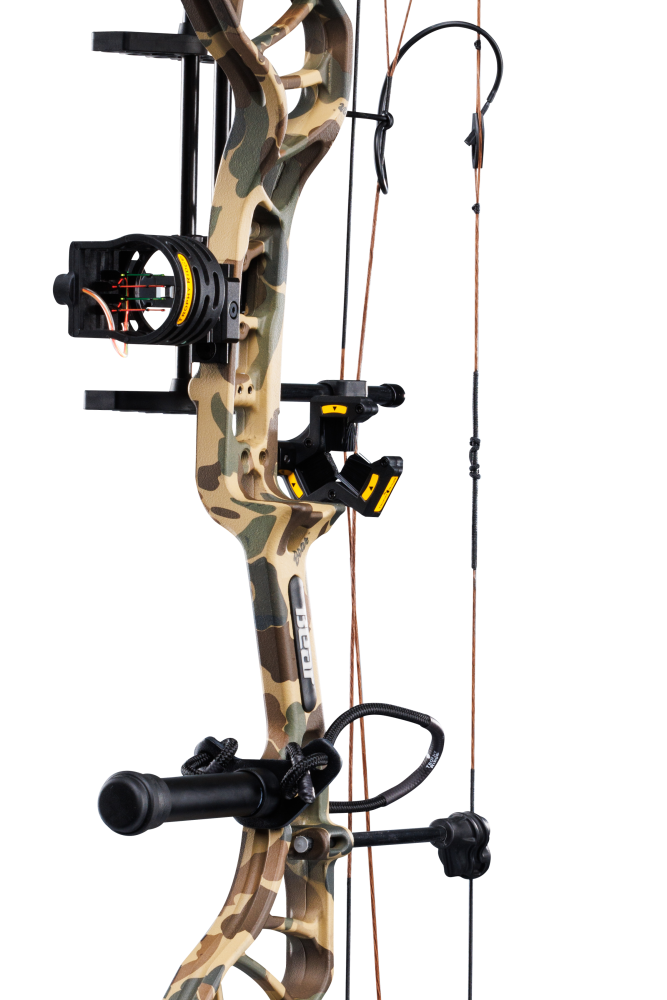 Close up of the Bear Species XT RTH riser in Fred Bear Camo and Trophy Ridge ready-to-hunt accessories.