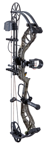 The Bear Species XT single cam compound bow includes IMS® V-Biscuit rest, Picatinny-mounted 4 pin sight, 5 arrow quiver, stabilizer, peep sight, and wrist sling.