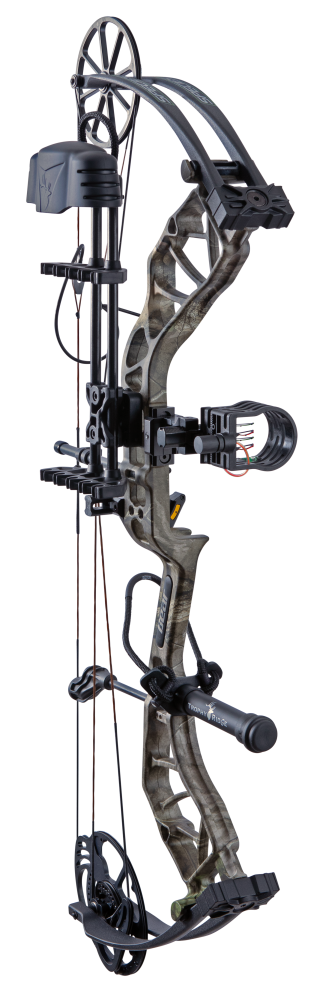 The Bear Species XT single cam compound bow includes IMS® V-Biscuit rest, Picatinny-mounted 4 pin sight, 5 arrow quiver, stabilizer, peep sight, and wrist sling.