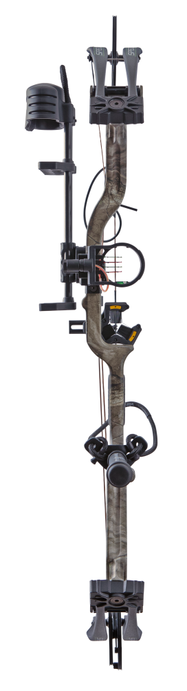 Front view of the Bear Species XT RTH single cam compound bow with a 30” axel-to-axel and a sleek modern finish in color Mossy Oak Roots.