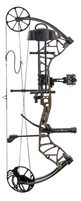 The Bear Species XT single cam compound bow includes IMS® V-Biscuit rest, Picatinny-mounted 4 pin sight, 5 arrow quiver, stabilizer, peep sight, and wrist sling.