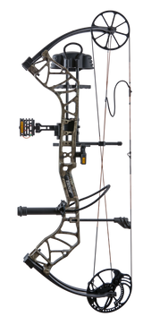 Side view of Bear Species XT RTH single cam bow in color Mossy Oak Roots.