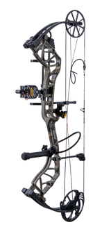 Side view of the Bear Species XT RTH single cam compound bow in color Mossy Oak Roots highlighting its single cam drawing system.