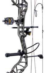 Close up of the Bear Species XT RTH riser in Mossy Oak Roots and Trophy Ridge ready-to-hunt accessories.