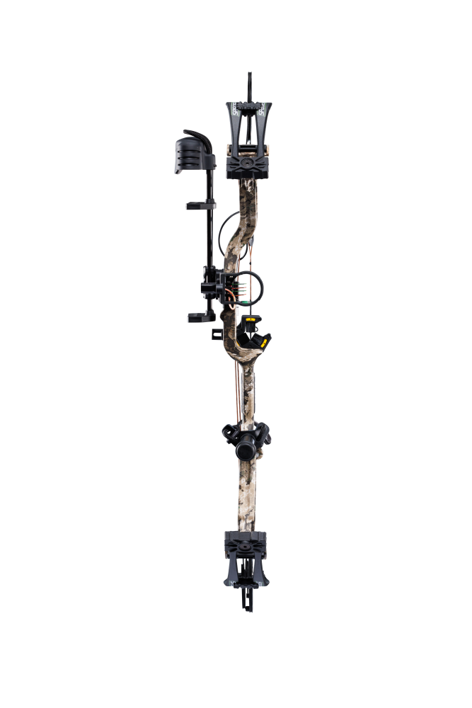 Front view of the Bear Species XT RTH single cam compound bow with a 30” axel-to-axel and a sleek modern finish in color Veil Whitetail.