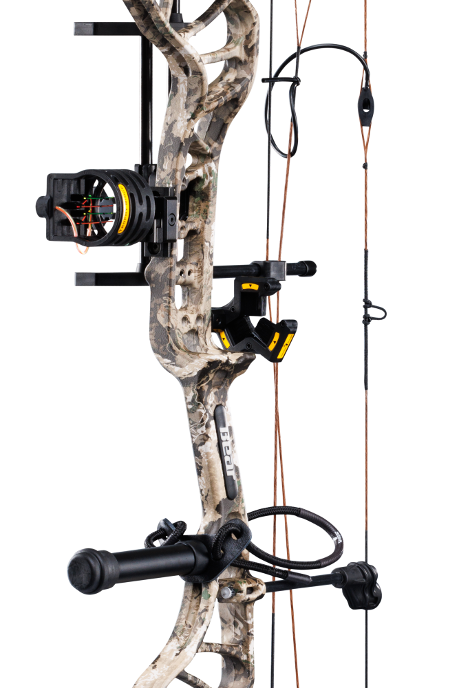 Close up of the Bear Species XT RTH riser in Black and Trophy Ridge ready-to-hunt accessories.