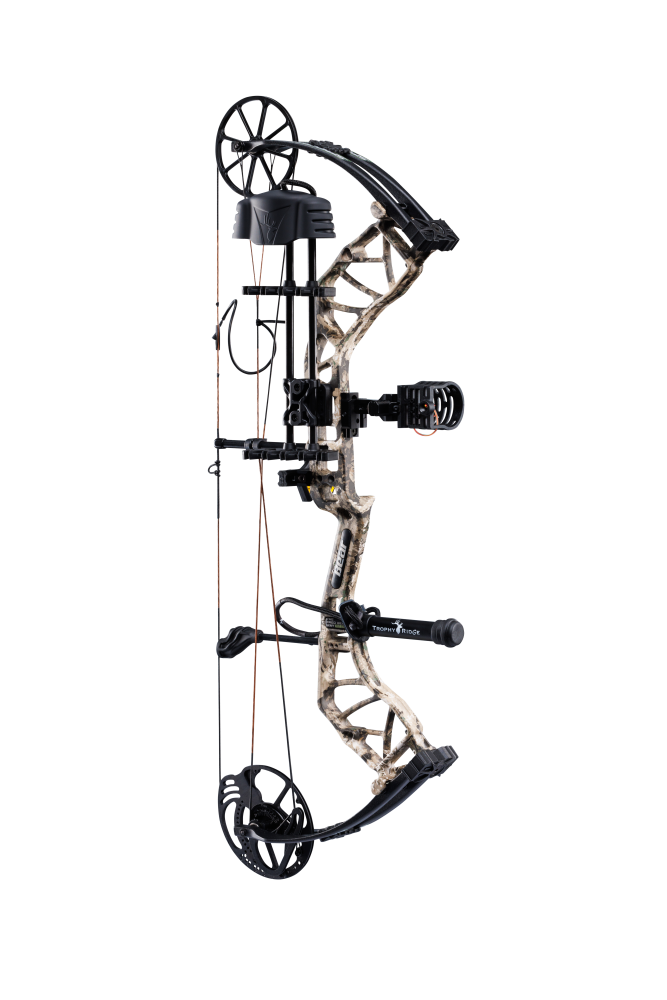 Side view of Bear Species XT single cam bow equipped with top-of-the-line Ready-to-Hunt package from Trophy Ridge.