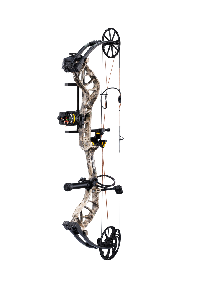 Side view of the Bear Species XT RTH single cam compound bow in color Veil Whitetail highlighting its single cam drawing system.