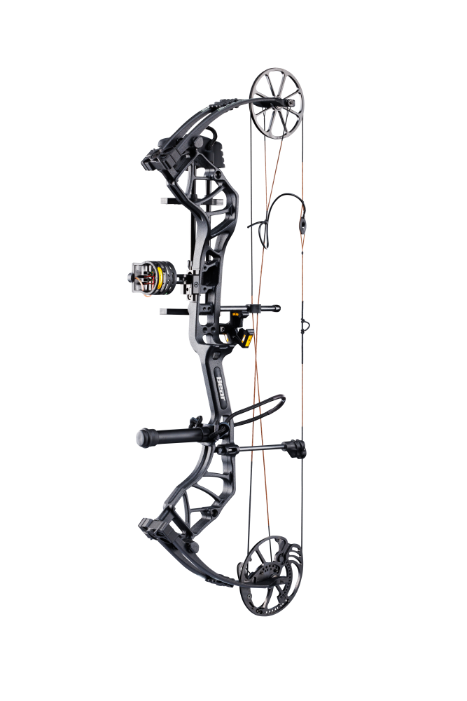 Side view of the Bear Species XT RTH single cam compound bow in color Black highlighting its single cam drawing system.