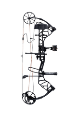 The Bear Species XT single cam compound bow includes IMS® V-Biscuit rest, Picatinny-mounted 4 pin sight, 5 arrow quiver, stabilizer, peep sight, and wrist sling.