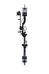 Front view of the Bear Species XT RTH single cam compound bow with a 30” axel-to-axel and a sleek modern finish in color Black.