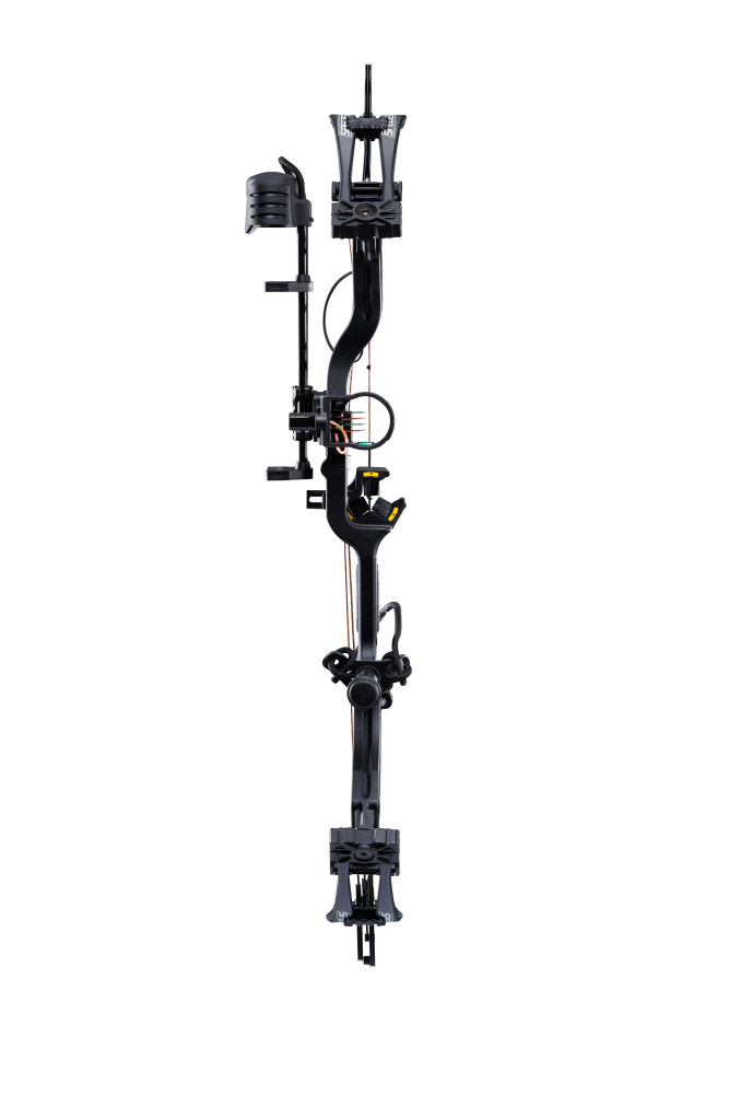 Front view of the Bear Species XT RTH single cam compound bow with a 30” axel-to-axel and a sleek modern finish in color Black.