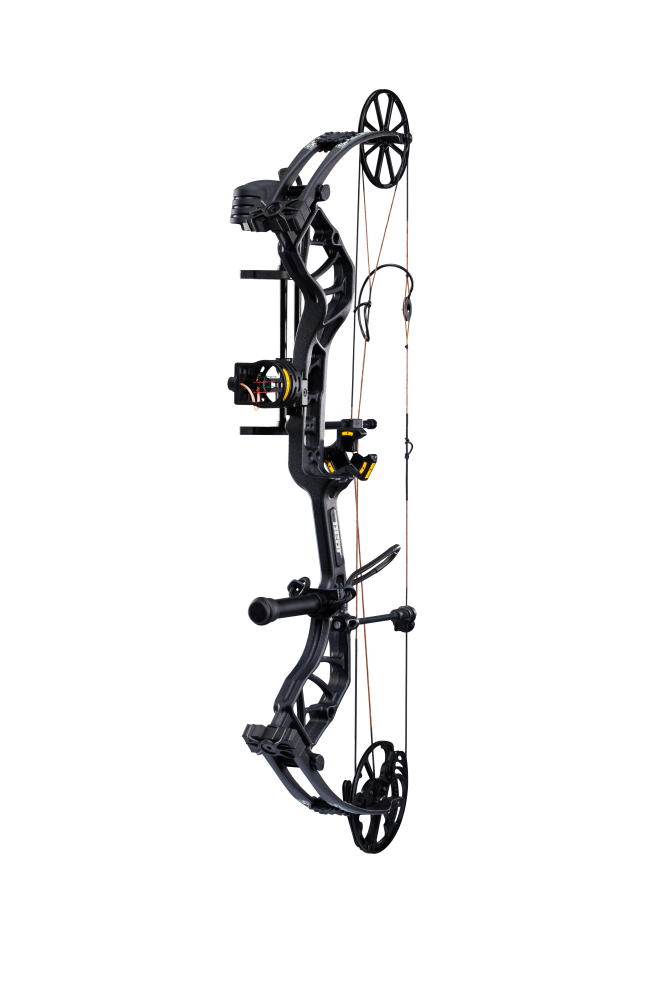 Side view of the Bear Species XT RTH single cam compound bow highlighting its single cam drawing system.