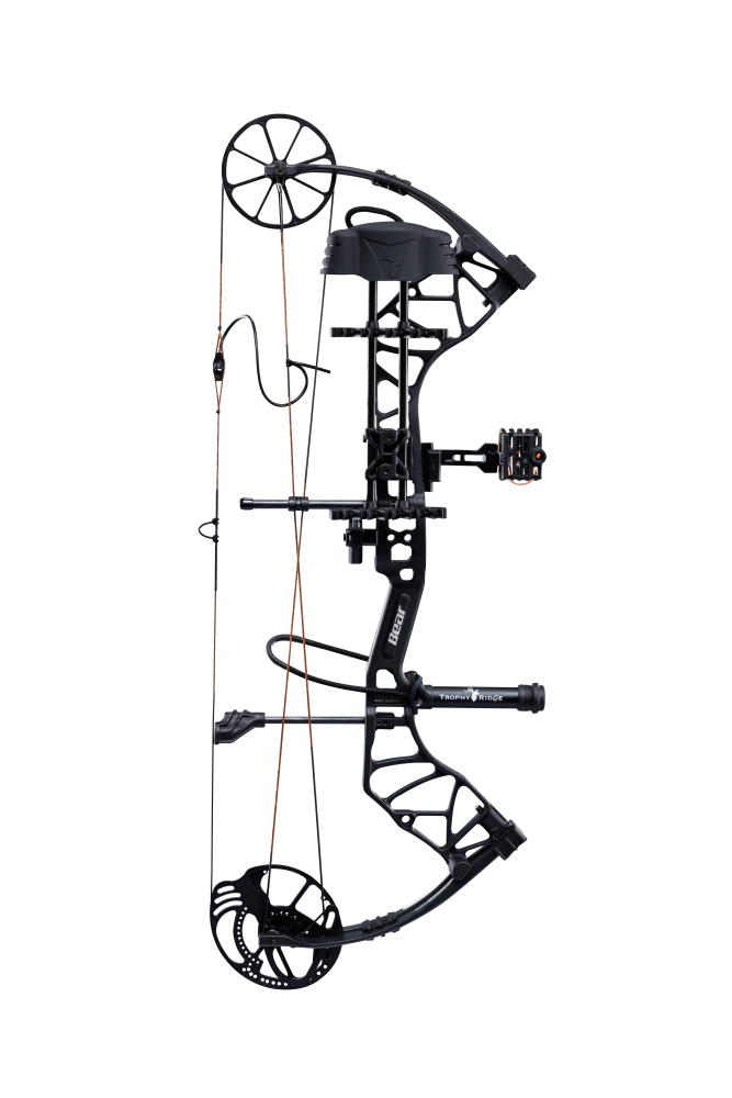 The Bear Species XT single cam compound bow includes IMS® V-Biscuit rest, Picatinny-mounted 4 pin sight, 5 arrow quiver, stabilizer, peep sight, and wrist sling.