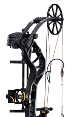 Close up of the single cam system, compound bow limbs, and picatinny sight mounting location on the Bear Species XT RTH in color Black.