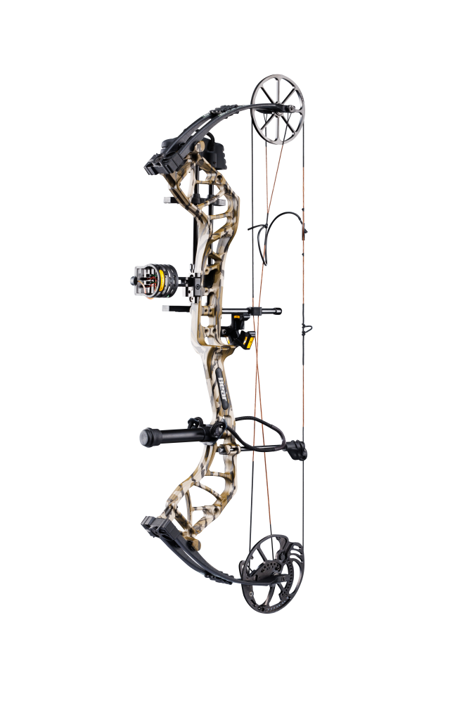 Side view of the Bear Species XT RTH single cam compound bow highlighting its single cam drawing system.