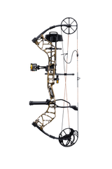 The Bear Species XT single cam compound bow includes IMS® V-Biscuit rest, Picatinny-mounted 4 pin sight, 5 arrow quiver, stabilizer, peep sight, and wrist sling.