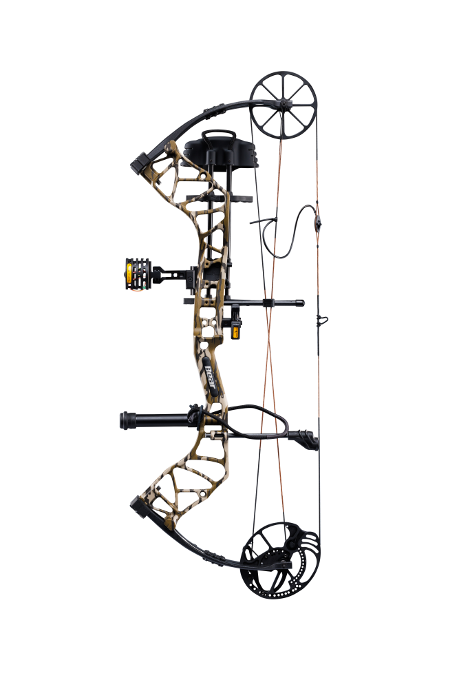 The Bear Species XT single cam compound bow includes IMS® V-Biscuit rest, Picatinny-mounted 4 pin sight, 5 arrow quiver, stabilizer, peep sight, and wrist sling.