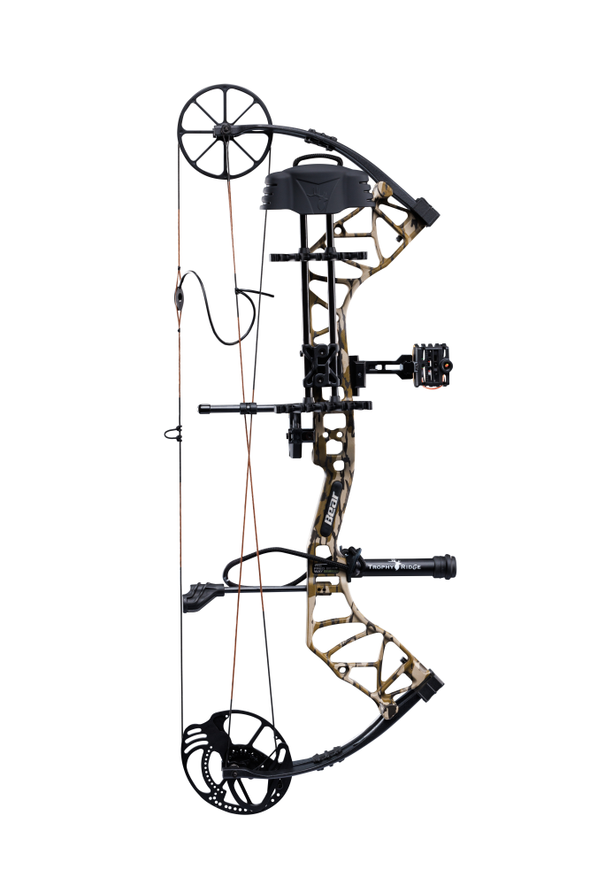 The Bear Archery Species XT single cam compound bow shown in Mossy Oak Bottomland features an adjustable draw length range of 23.5 to 30.5 inches.