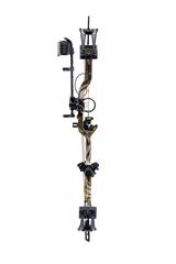 Front view of the Bear Species XT RTH single cam compound bow with a 30” axel-to-axel and a sleek modern finish in color Mossy Oak Bottomland. 