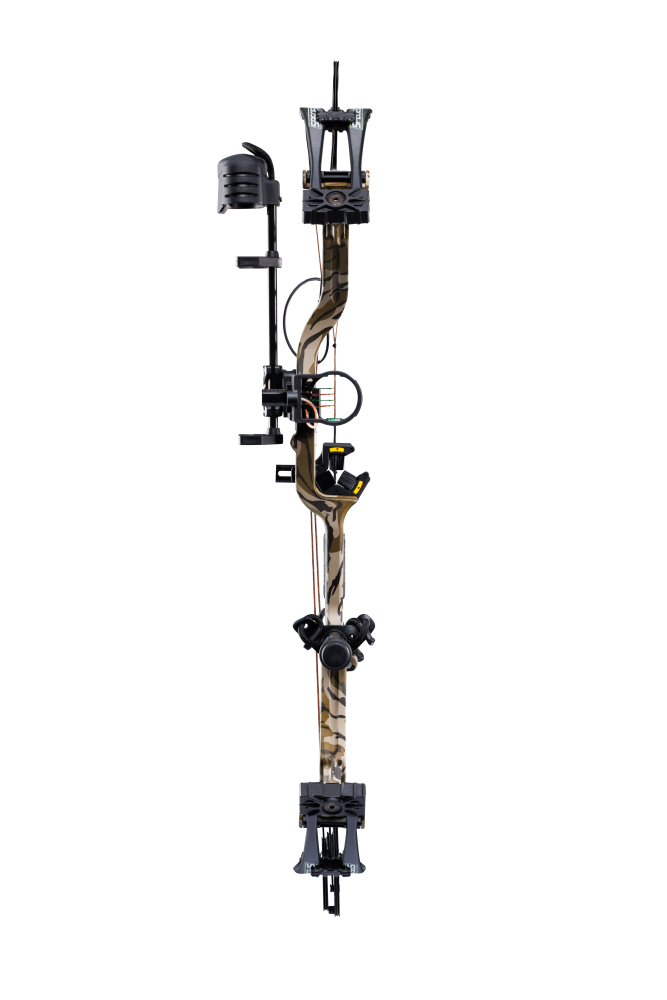 Front view of the Bear Species XT RTH single cam compound bow with a 30” axel-to-axel and a sleek modern finish in color Mossy Oak Bottomland. 