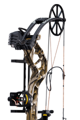 Close up of the single cam system, compound bow limbs, and picatinny sight mounting location on the Bear Species XT RTH.