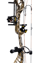 Close up of the Bear Species XT RTH riser in Mossy Oak Bottomland and Trophy Ridge ready-to-hunt accessories.