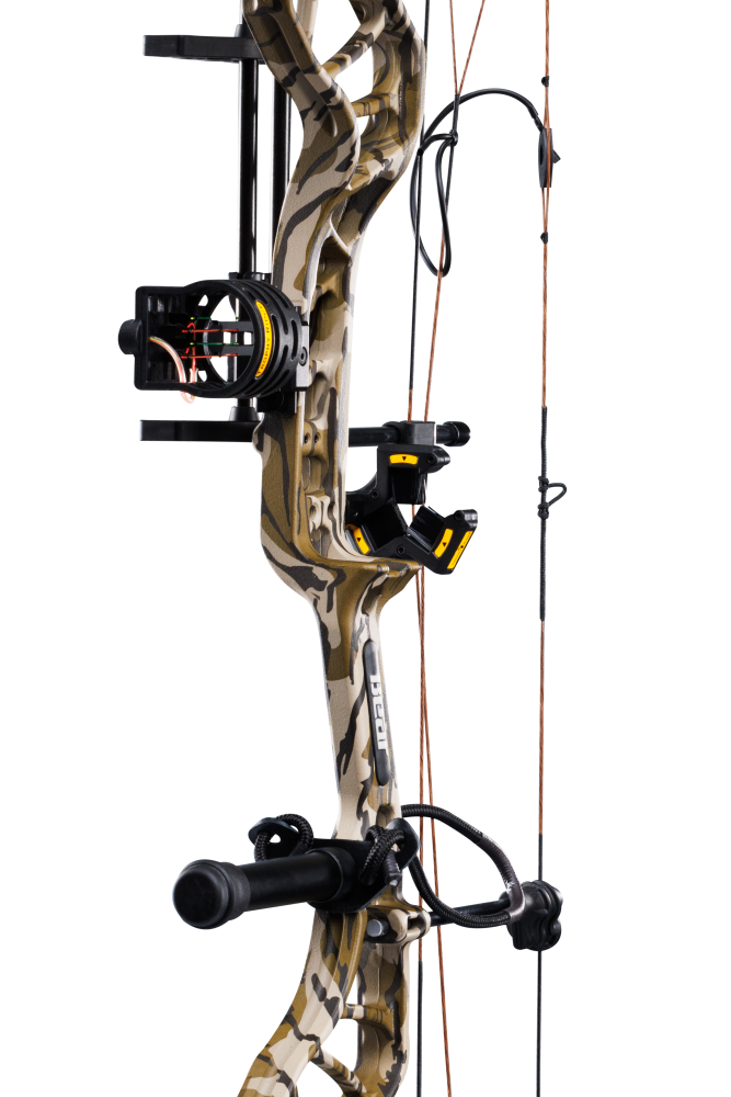 Close up of the Bear Species XT RTH riser in Mossy Oak Bottomland and Trophy Ridge ready-to-hunt accessories.