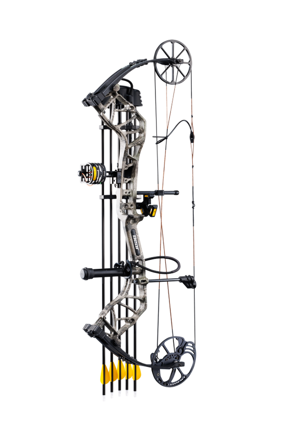 Bear Archery Species XT RTH Extra aimed left. The Bear Species bow is shown in the True Timber Strata color. 