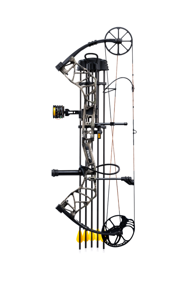 Side image of the Bear Archery Species XT RTH Extra. This Bear Species bow is equipped with This bow comes with a ready-To-Hunt package from Trophy Ridge, plus five arrows, five inserts, five 100 grain field points, release, and three Broadheads. 