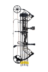 Side image showcase the Bear Species XT RTH Extra's Trophy Ridge ready to hunt package, five arrows, five inserts, five 100 grain field points, release, and three Broadheads. 