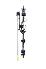 Front image of the Bear Species XT RTH Extra. Includes IMS® V-Biscuit rest, Picatinny-mounted Fatal 4 sight, five arrow quiver, stabilizer, peep sight, and wrist sling, five arrows precut to 29", five inserts, five 100 grain field points, release, and three broadheads. Bear Species bow. 