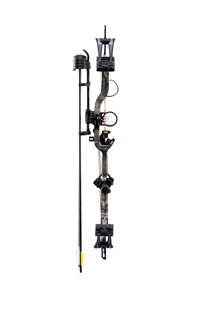 Front image of the Bear Species XT RTH Extra. Includes IMS® V-Biscuit rest, Picatinny-mounted Fatal 4 sight, five arrow quiver, stabilizer, peep sight, and wrist sling, five arrows precut to 29", five inserts, five 100 grain field points, release, and three broadheads. Bear Species bow. 